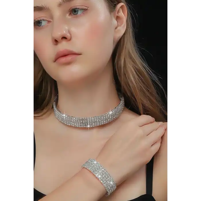Gümüş Renk Taş Detaylı Choker Kolye Ve Bileklik Set