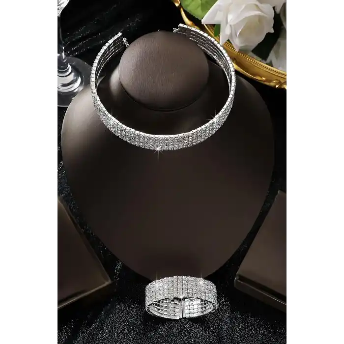 Gümüş Renk Taş Detaylı Choker Kolye Ve Bileklik Set