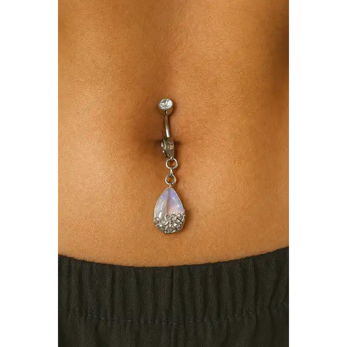 Gümüş Renk Taş Detaylı Delik Gerektirmeyen Cerrahi Çelik Göbek Piercing