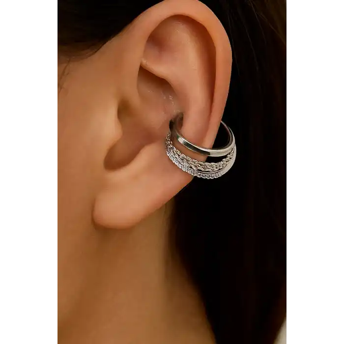 Gümüş Renk Taş Detaylı Ear Cuff (Tek)