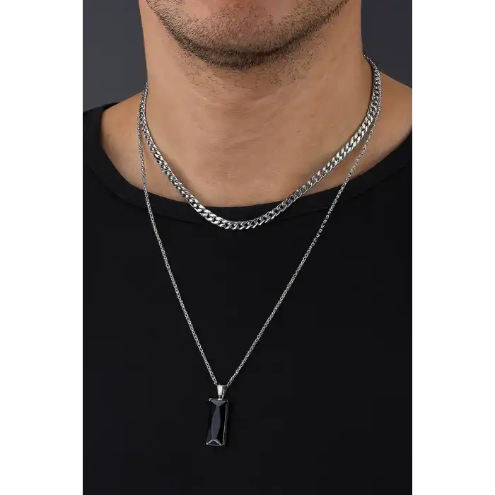 Gümüş Renk Taş Detaylı Erkek İkili Zincir Çelik Kolye