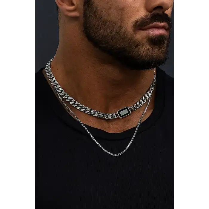 Gümüş Renk Taş Detaylı Erkek İkili Zincir Çelik Kolye