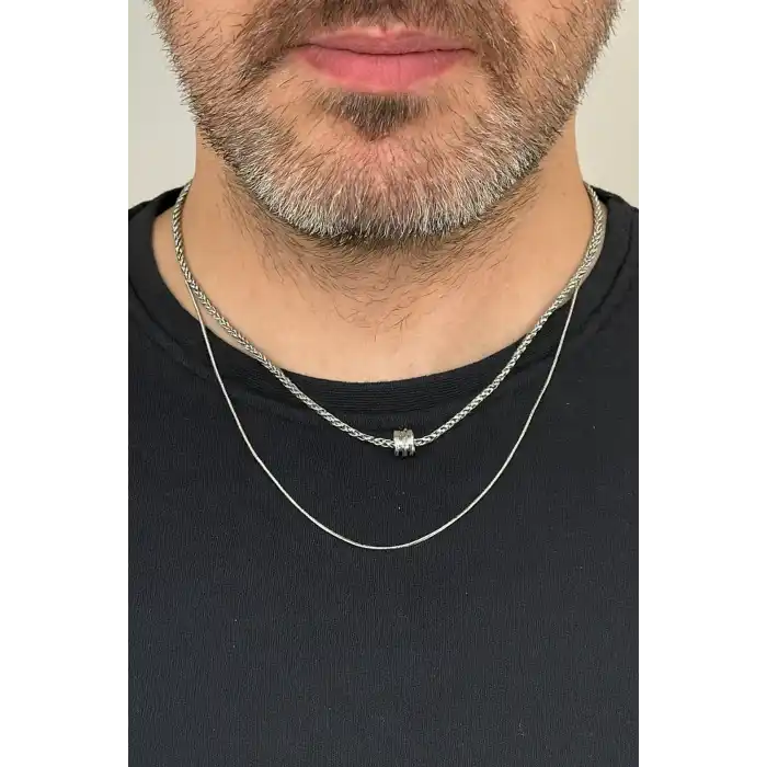 Gümüş Renk Taş Detaylı Erkek İkili Zincir Çelik Kolye