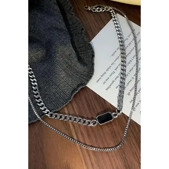 Gümüş Renk Taş Detaylı Erkek İkili Zincir Çelik Kolye