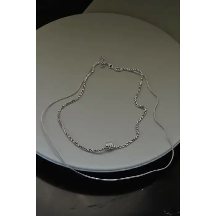 Gümüş Renk Taş Detaylı Erkek İkili Zincir Çelik Kolye