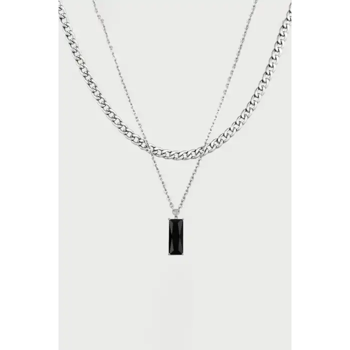 Gümüş Renk Taş Detaylı Erkek İkili Zincir Çelik Kolye