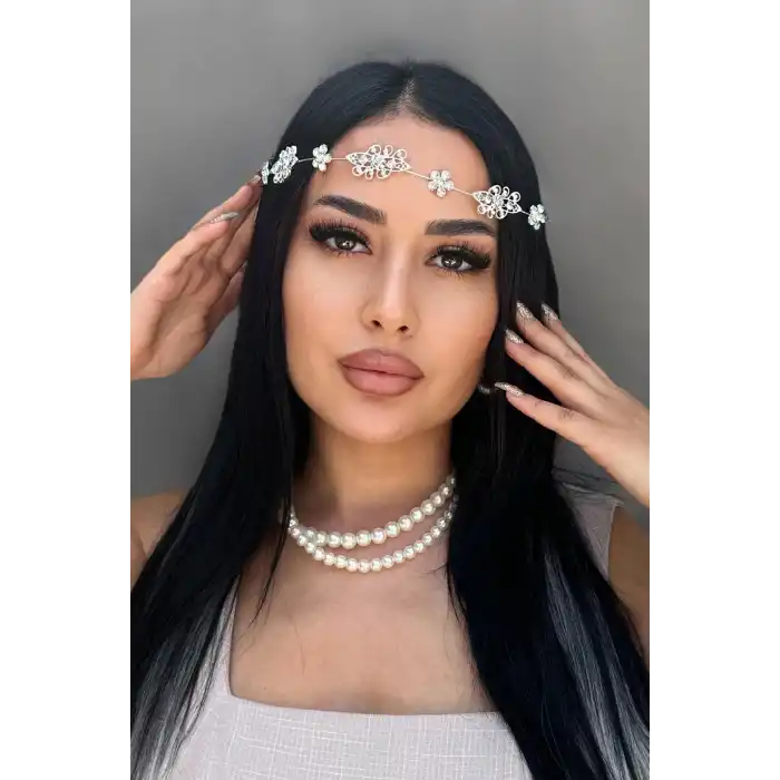 Gümüş Renk Taş Detaylı Gelin Saç Aksesuarı Ve Alınlık