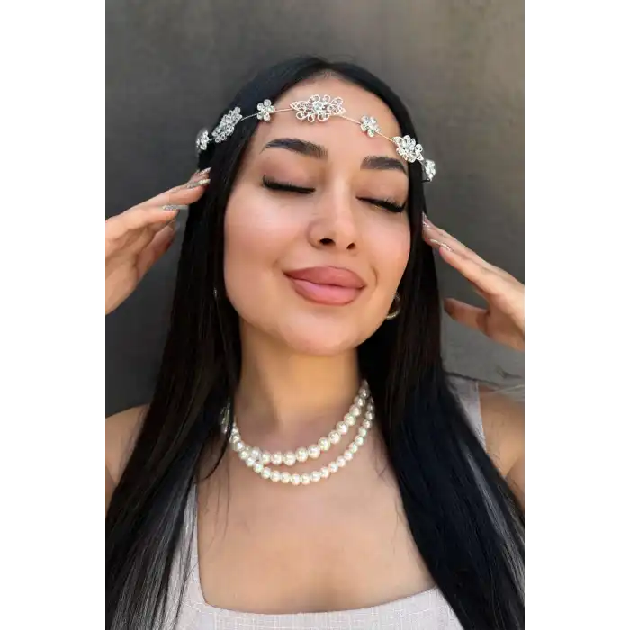 Gümüş Renk Taş Detaylı Gelin Saç Aksesuarı Ve Alınlık