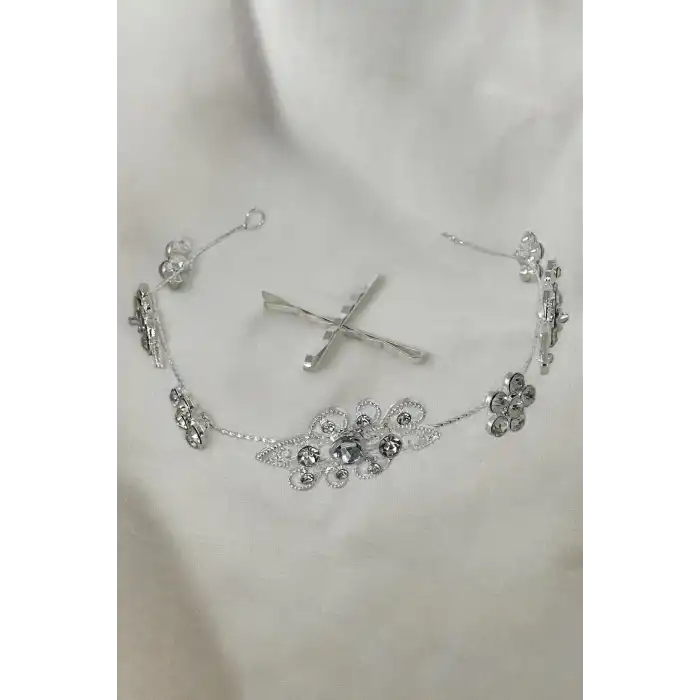 Gümüş Renk Taş Detaylı Gelin Saç Aksesuarı Ve Alınlık