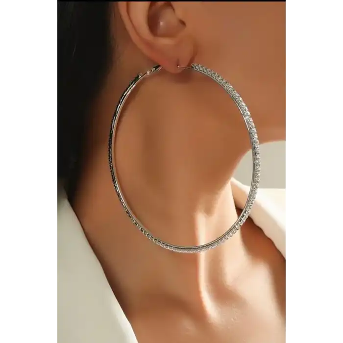 Gümüş Renk Taş Detaylı Halka Küpe 120Mm (Çift