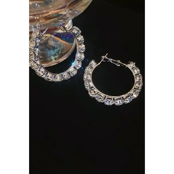 Gümüş Renk Taş Detaylı Halka Küpe 40Mm (Çift)