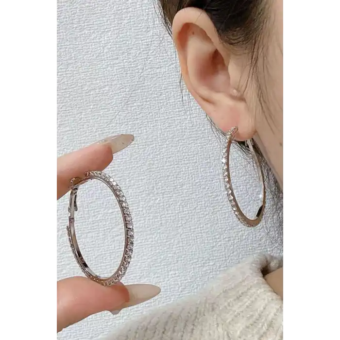 Gümüş Renk Taş Detaylı Halka Küpe 45Mm (Çift)