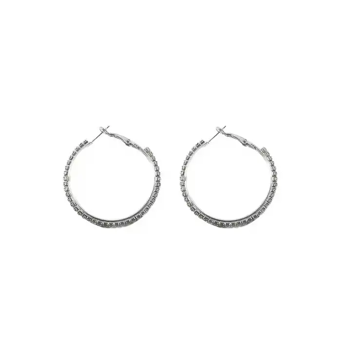 Gümüş Renk Taş Detaylı Halka Küpe 45Mm (Çift)