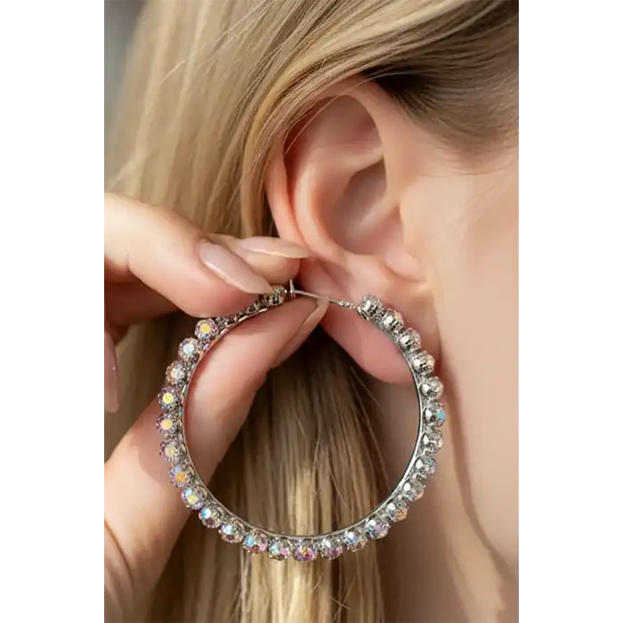 Gümüş Renk Taş Detaylı Halka Küpe 55Mm (Çift)