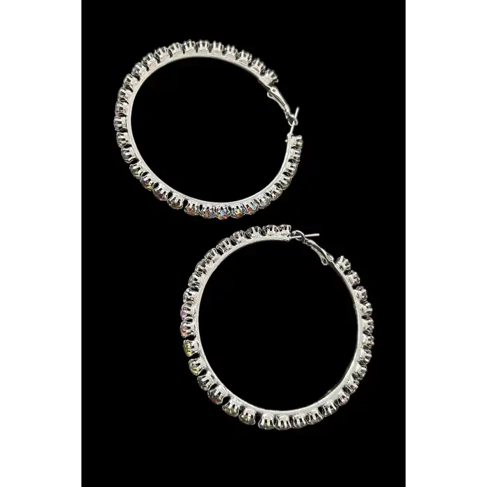 Gümüş Renk Taş Detaylı Halka Küpe 55Mm (Çift)