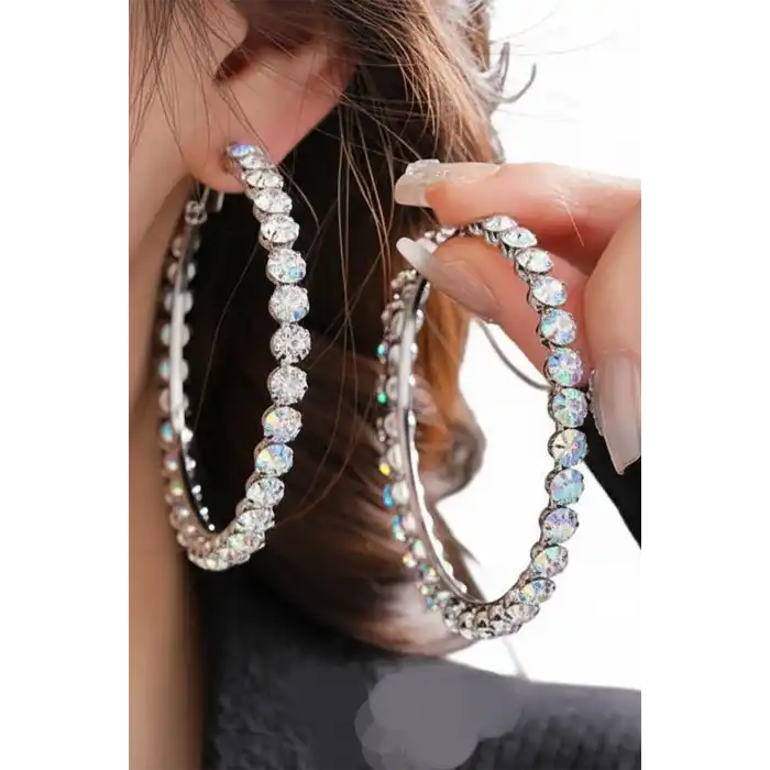 Gümüş Renk Taş Detaylı Halka Küpe 80Mm (Çift)