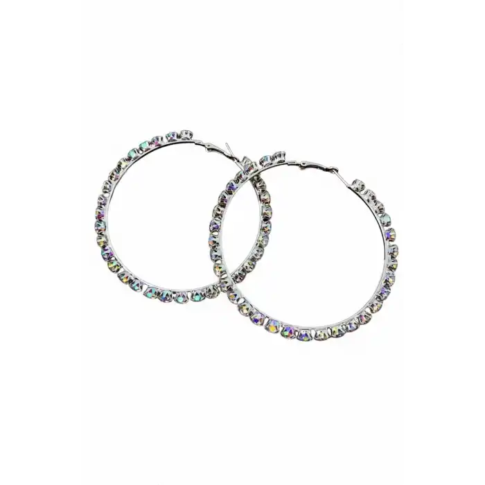 Gümüş Renk Taş Detaylı Halka Küpe 80Mm (Çift)