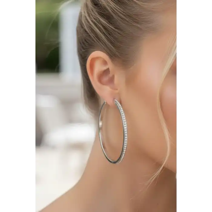 Gümüş Renk Taş Detaylı Halka Küpe (Çift)