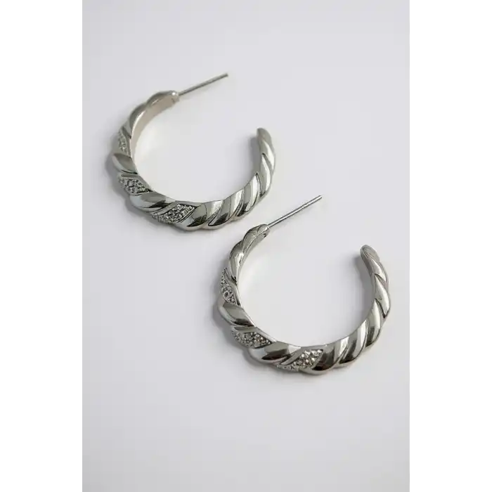 Gümüş Renk Taş Detaylı Halka Küpe (Çift)