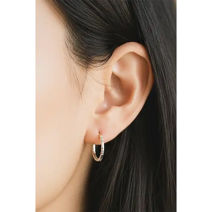 Gümüş Renk Taş Detaylı Halka Küpe (Çift)