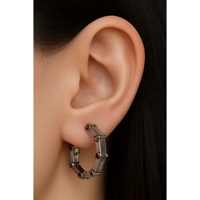 Gümüş Renk Taş Detaylı Halka YSX Küpe (Çift)