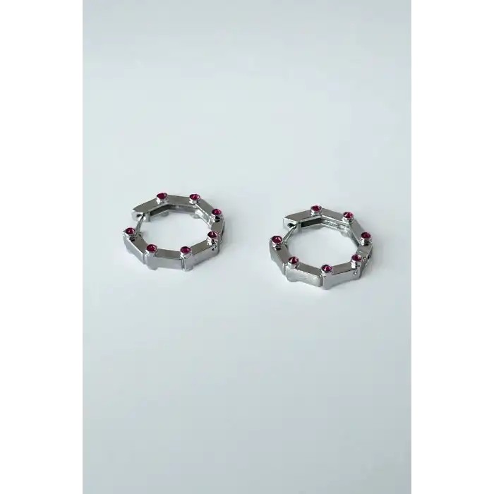 Gümüş Renk Taş Detaylı Halka YSX Küpe (Çift)