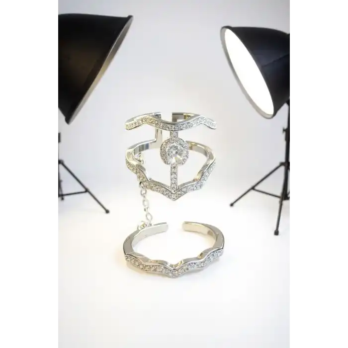 Gümüş Renk Taş Detaylı İkili Ayarlanabilir Yüzük