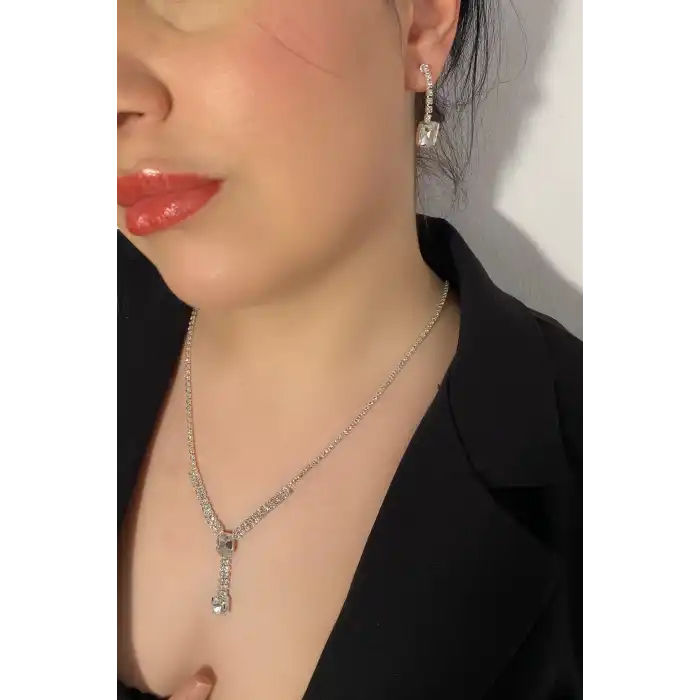 Gümüş Renk Taş Detaylı Kolye Ve Küpe Düğün Kına Nişan Gelin Set