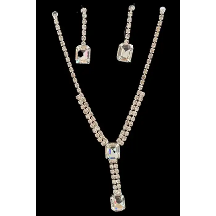 Gümüş Renk Taş Detaylı Kolye Ve Küpe Düğün Kına Nişan Gelin Set