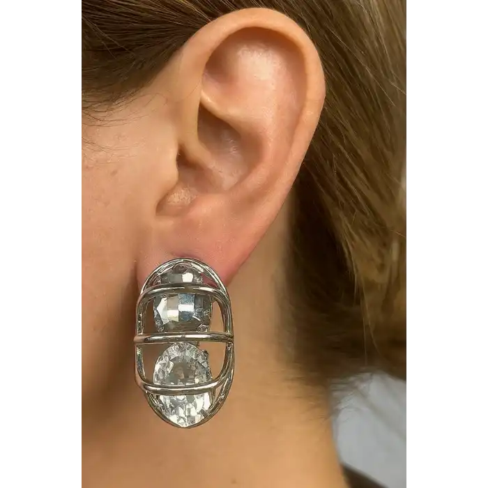 Gümüş Renk Taş Detaylı Küpe (Çift)