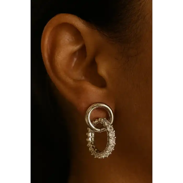 Gümüş Renk Taş Detaylı Küpe (Çift)