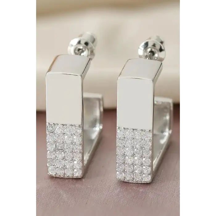 Gümüş Renk Taş Detaylı Küpe (Çift)