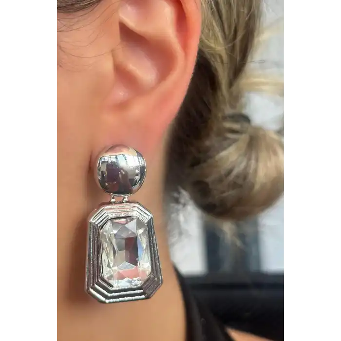 Gümüş Renk Taş Detaylı Küpe (Çift)