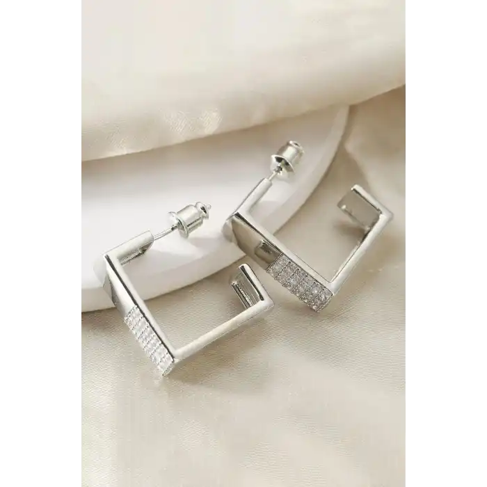 Gümüş Renk Taş Detaylı Küpe (Çift)