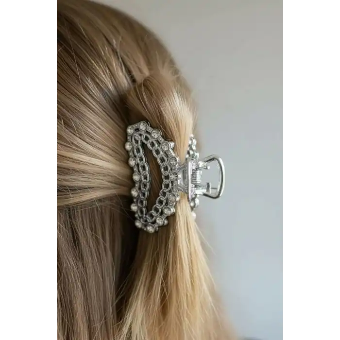 Gümüş Renk Taş Detaylı Mini Metal Mandal Toka