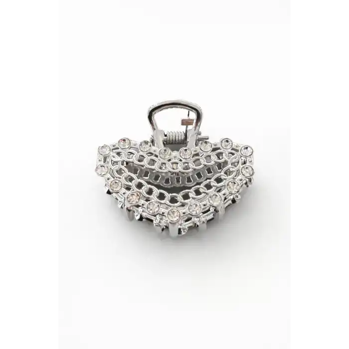 Gümüş Renk Taş Detaylı Mini Metal Mandal Toka