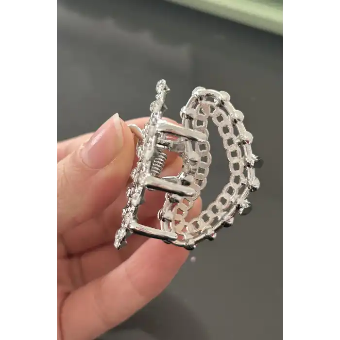 Gümüş Renk Taş Detaylı Mini Metal Mandal Toka