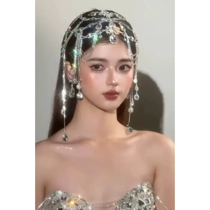 Gümüş Renk Taş Detaylı Saç Aksesuarı/ Kına Aksesuarı