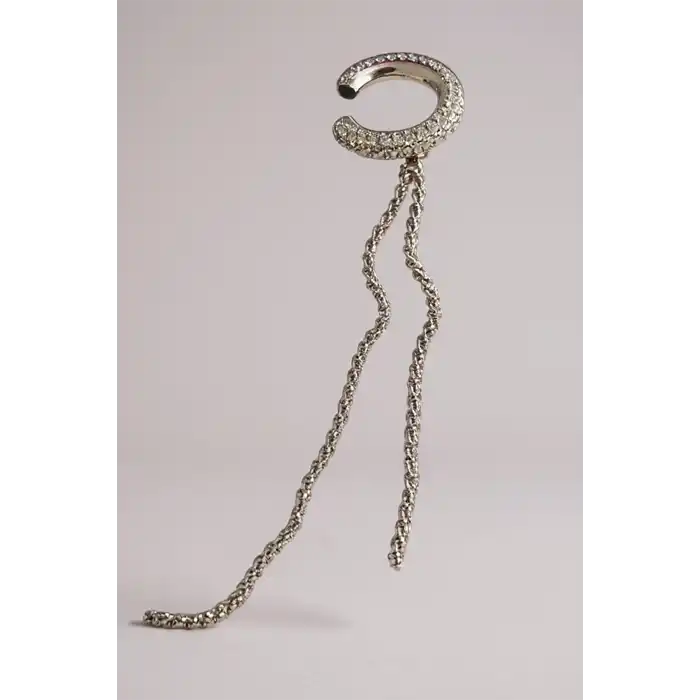 Gümüş Renk Taş Detaylı Sallantılı Ear Cuff (Tek)