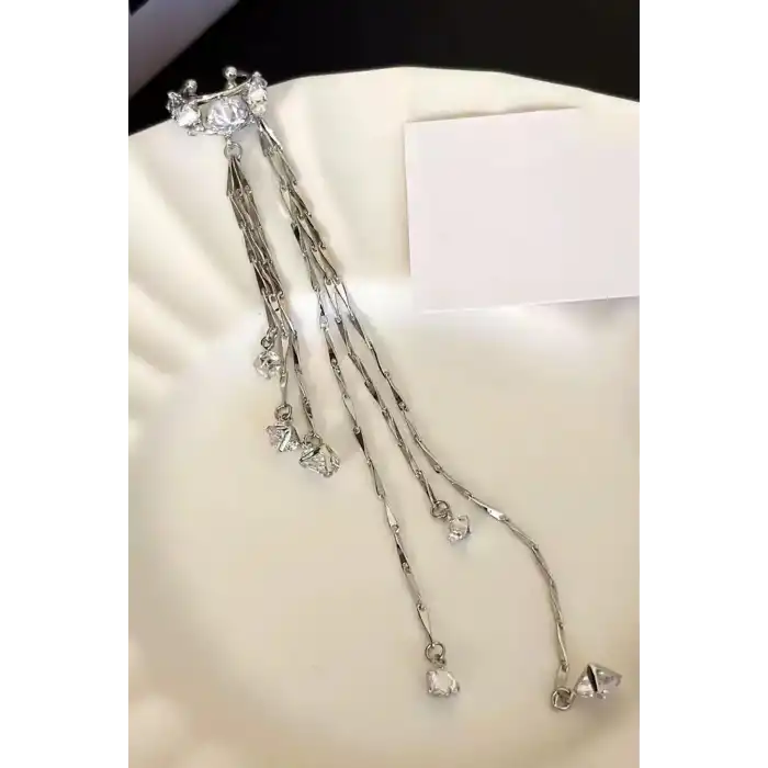 Gümüş Renk Taş Detaylı Sallantılı Ear Cuff (Tek)
