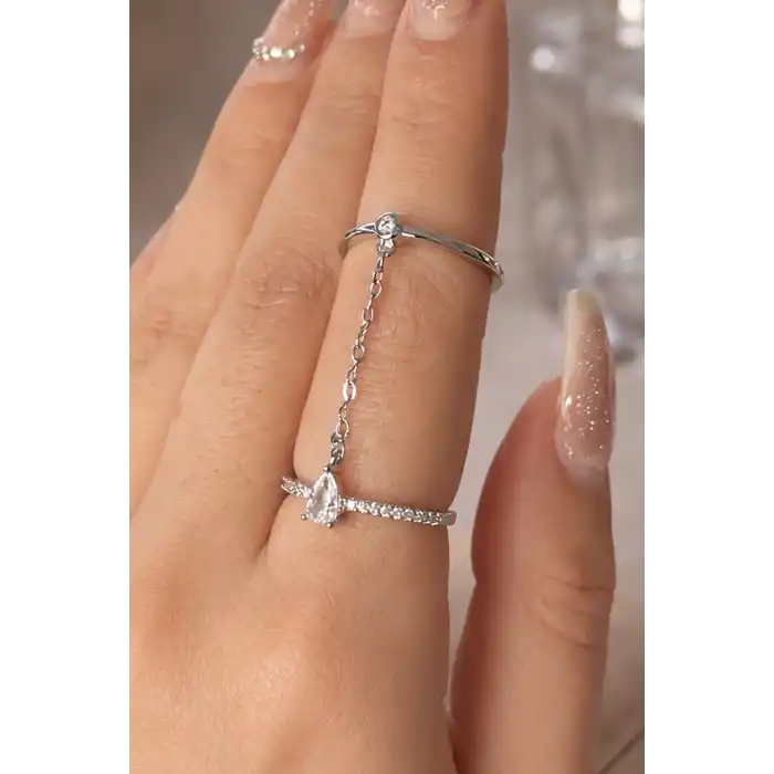 Gümüş Renk Taş Detaylı Sallantılı İkili Ayarlanabilir Yüzük