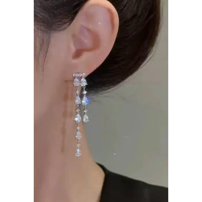 Gümüş Renk Taş Detaylı Sallantılı Küpe (Çift)