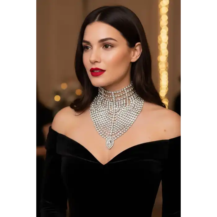 Gümüş Renk Taş Detaylı Tasarım Abiye Kolye