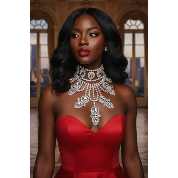 Gümüş Renk Taş Detaylı Tasarım Abiye Kolye