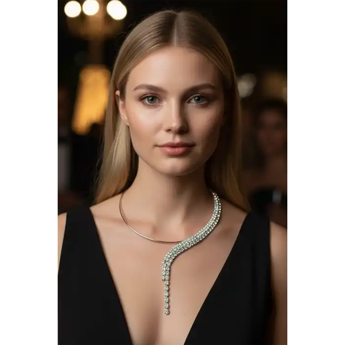 Gümüş Renk Taş Detaylı Tasarım Abiye Kolye