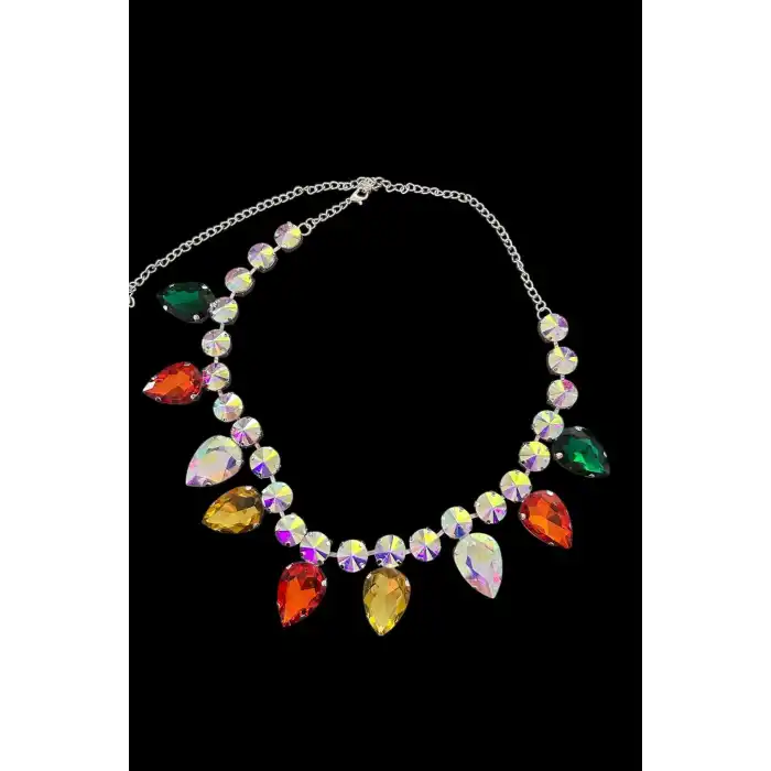 Gümüş Renk Taş Detaylı Tasarım Abiye Kolye