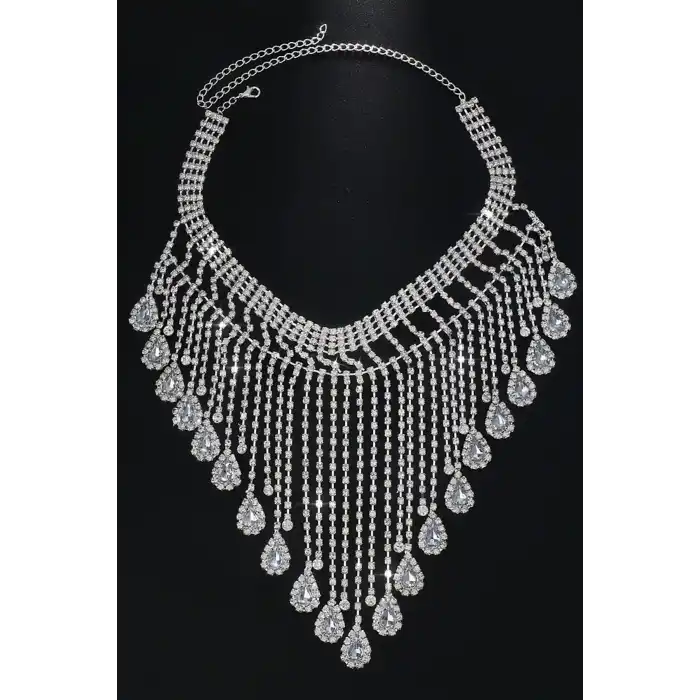 Gümüş Renk Taş Detaylı Tasarım Abiye Kolye