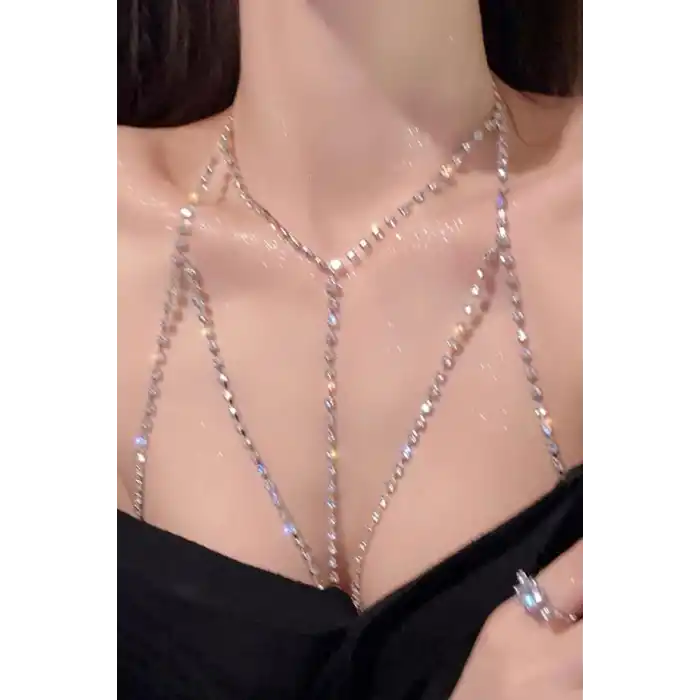 Gümüş Renk Taş Detaylı Tasarım Vücut Aksesuar