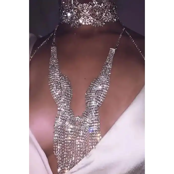 Gümüş Renk Taş Detaylı Tasarım Vücut Aksesuar