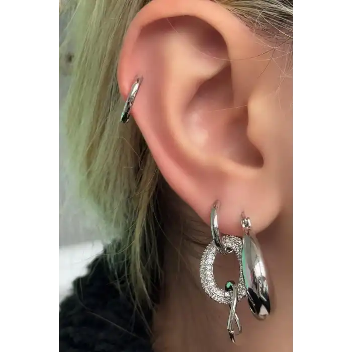 Gümüş Renk Taş Detaylı VİP 3lü Halka YSX Küpe Set